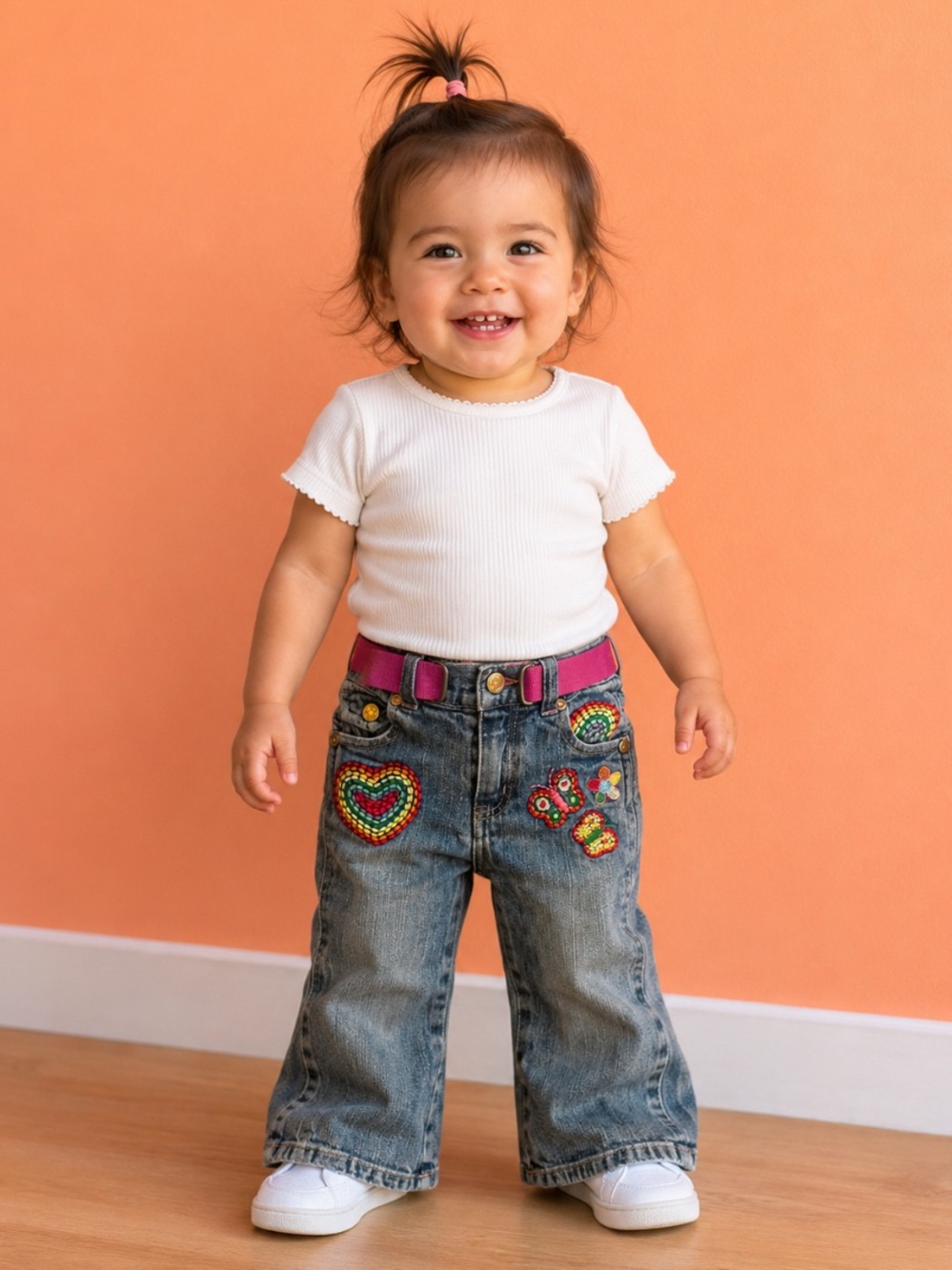 Wonderkids Denim Jeans with Colorful Beaded Patches and Light Purple Belt